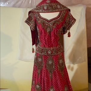 3 piece Red lengha set in copper embroidery